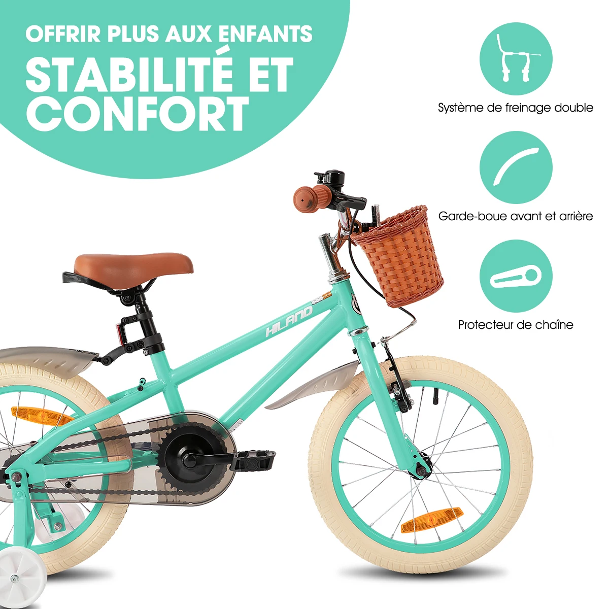 Hiland 14 16 18 Inch Children's Bicycle with Stabilisers, Green/Pink Girls Bicycle, Handbrake and Coaster Brake, with Basket 2