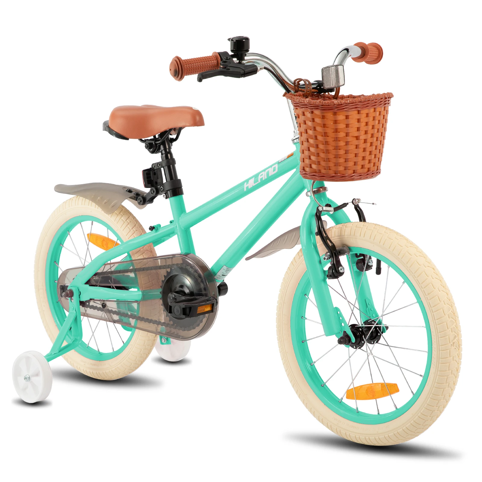 Hiland 14 16 18 Inch Children's Bicycle with Stabilisers, Green/Pink Girls Bicycle, Handbrake and Coaster Brake, with Basket 1