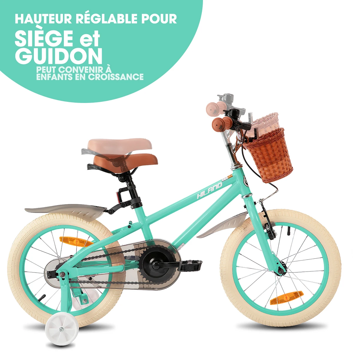Hiland 14 16 18 Inch Children's Bicycle with Stabilisers, Green/Pink Girls Bicycle, Handbrake and Coaster Brake, with Basket 3